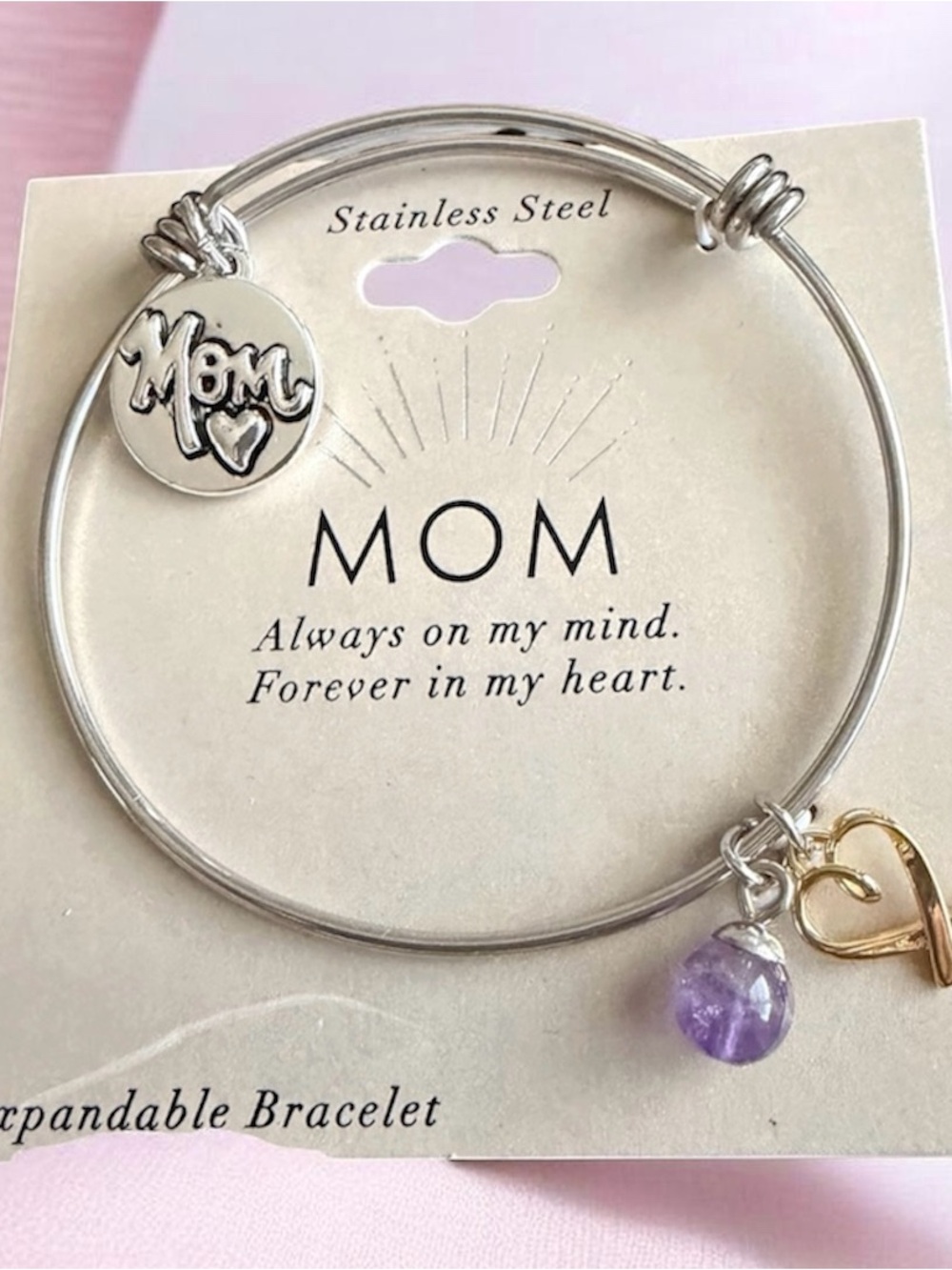 Mom Stainless Steel Silver Expandable Bracelet with Purple Charm